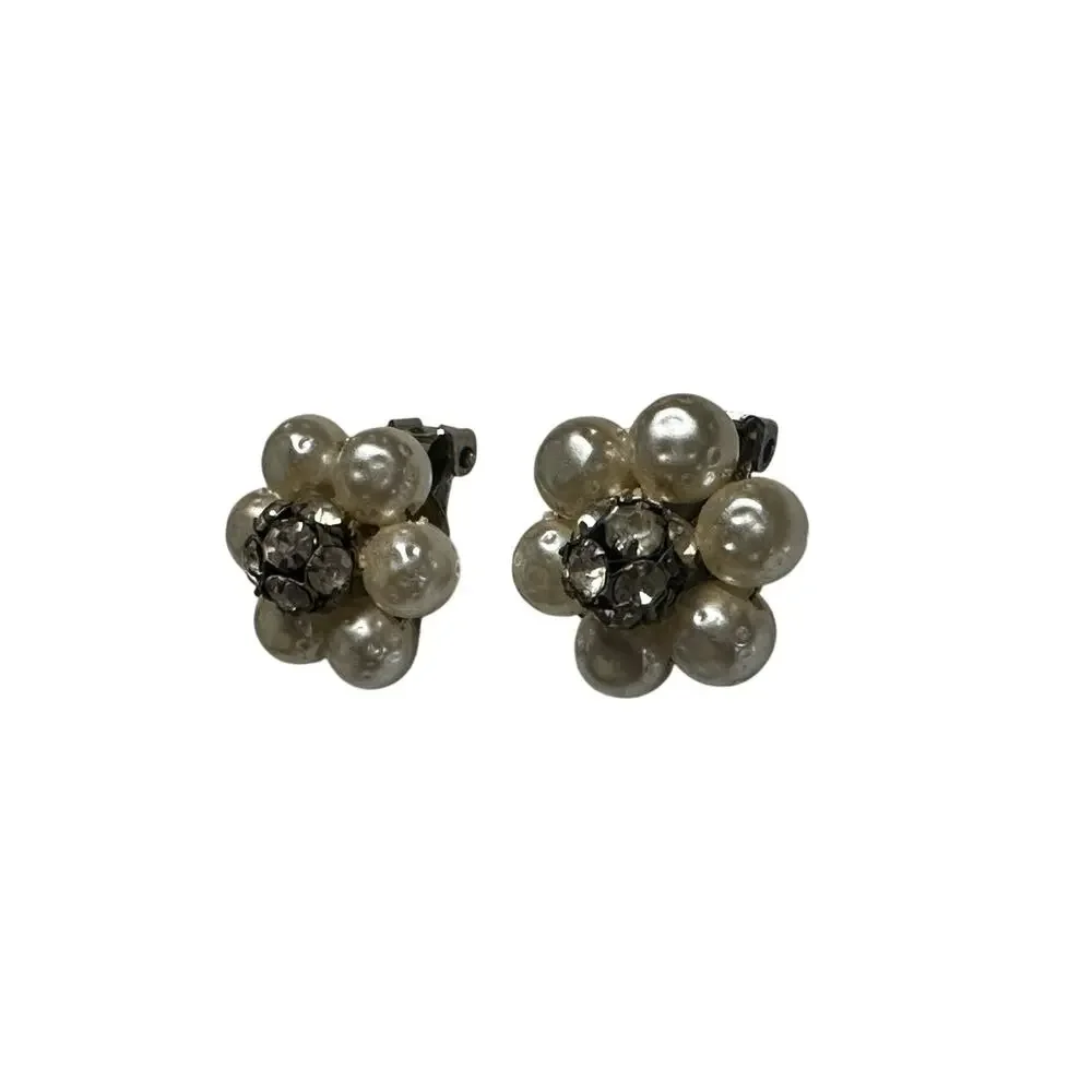 Vintage faux Pearl Crystal Earrings Rhinestone Statement Hollywood Glam jewelry